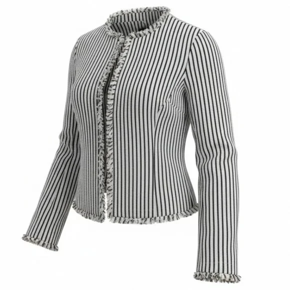 Hugo Boss Komina Black & White Striped Cropped Jacket Frayed Hem Jacket - Picture 4 of 7